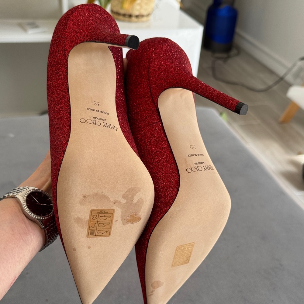 Jimmy Choo Red Glitter Pointed-Toe Stiletto Pumps - Picture 4 of 5